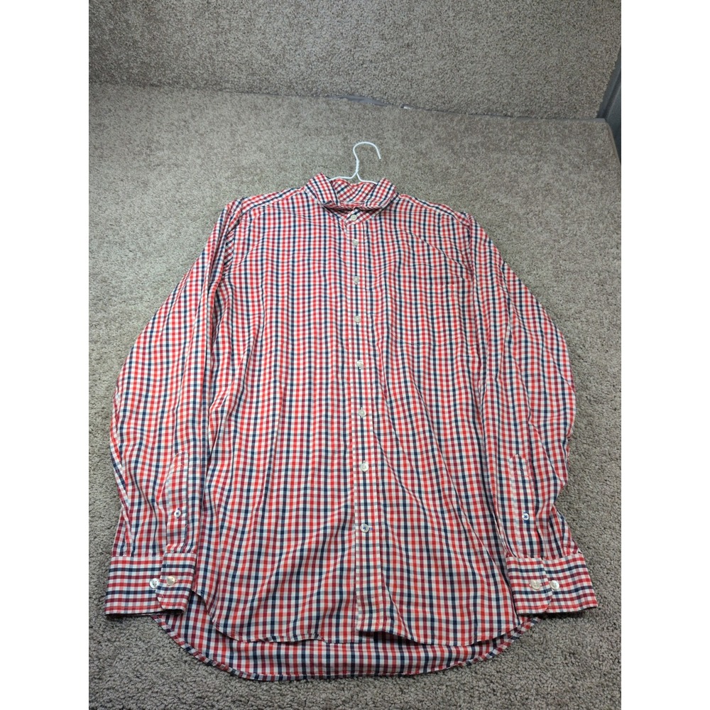 Gap Non-Iron Mens XL Tall Red Navy Blue Gingham Check Button Down Shirt Long Slv